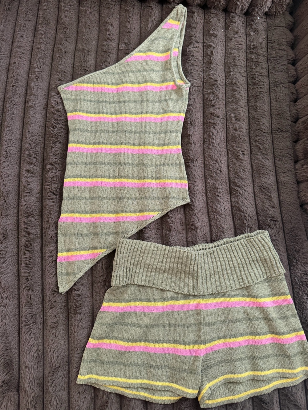 Striped Knit Two-Piece Set in Olive with Pink & Yellow Stripes